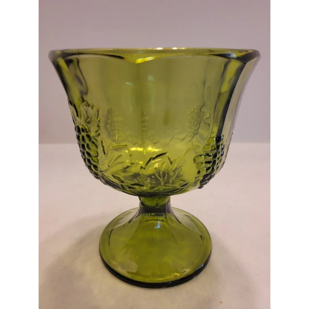 Vtg Glass Compote‎ Bowl Olive Green Harvest Grape Embossed Pedestal Dish